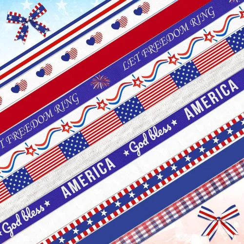 Vista 9 de 6 cintas patrióticas del 4 de julio, 3/8 pulgadas de ancho, cintas patrióticas de grogrén de la bandera estadounidense, decoración del día