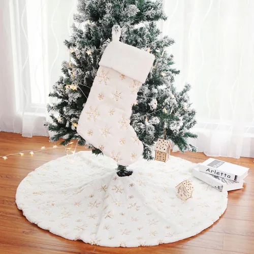 Vista 7 de MandyQ - Falda de árbol de Navidad de felpa blanca con copos de nieve de lentejuelas para decoración de árbol de Navidad 198/Oro/122cm