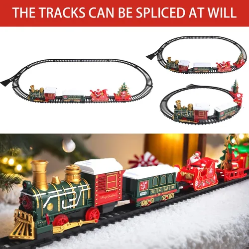 Vista 2 de Juego de tren eléctrico de 14 piezas para niños, luz y sonidos, tren de Navidad simulado con 4 carruajes, juegos clásicos de Navidad con pistas