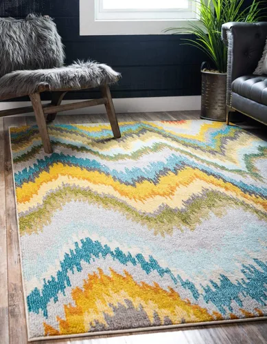 Vista 11 de Unique Loom Estrella Collection - Alfombra moderna, degradada, colorida, abstracta, ondulada, 6 pies 1 pulgada x 6 pies 1 pulgada, multicolor / azul