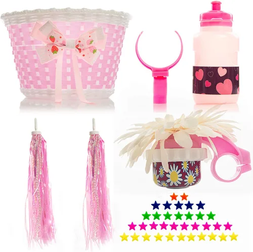 Vista 9 de Juego de decoración de bicicleta para niña, divertida decoración de bicicleta con cuentas, espejo retrovisor, botella de agua montada, serpentinas