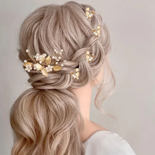 Vista 5 de 7 horquillas para el cabello de boda, hoja dorada, tocado de novia, perlas, accesorios para el cabello, accesorios para el cabello, accesorios