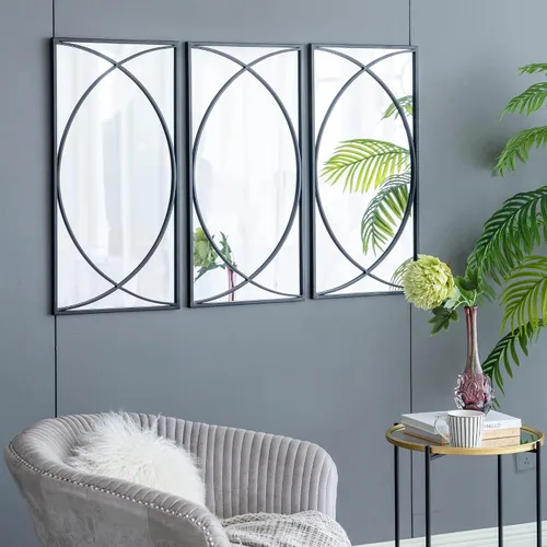 Vista 6 de A&B Home - Espejo rectangular de pared con marco de metal negro, juego de 3 piezas de espejo montado en la pared, decoración de pared del hogar