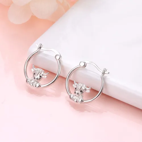 Vista 3 de Highland Cow Jewelry - Aretes de aro de plata de ley 925 con diseño de vaca de las montañas para mujeres, amantes de los animales, regalos