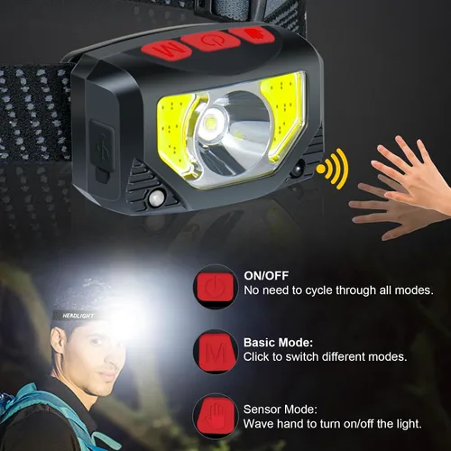 Vista 2 de Linterna frontal LED recargable, paquete de 3 linternas con sensor de movimiento para acampar al aire libre, ciclismo, correr, pesca