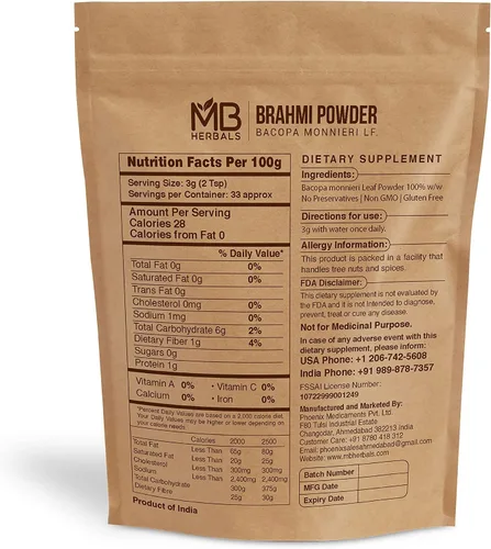 Vista 2 de MB Herbals Brahmi Pure Powder 3.53 oz 3.5 oz 100% puro Bacopa monnieri Powder Cuidado del cabello