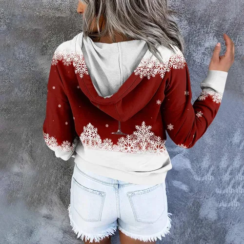 Vista 5 de Sudadera para mujer, con estampado de botones de Navidad, con capucha, cordón de Navidad, manga larga, bolsillo