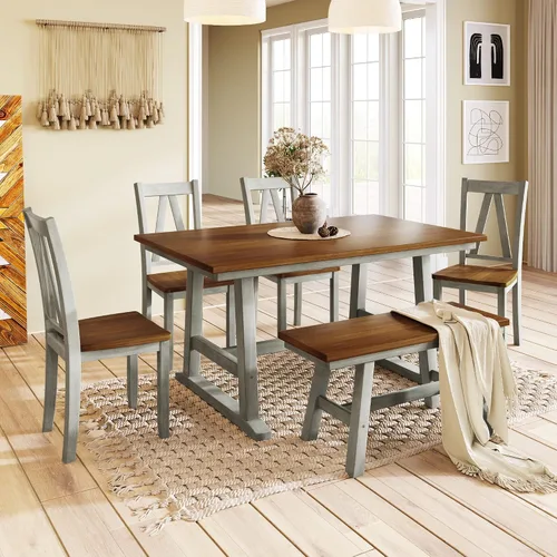 Vista 19 de Juego de mesa de comedor de 6 piezas estilo granja, mesa rectangular con soporte y 4 sillas tapizadas y banco, juego de muebles de cocina