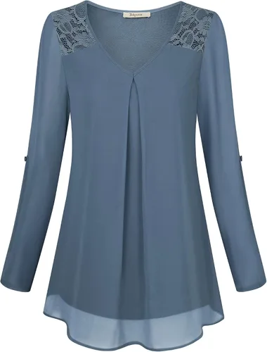 Vista 2 de Bebonnie Blusas de encaje de gasa con cuello en V y manga 34 enrollables para mujer