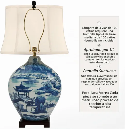Vista 5 de Red Lantern Lámpara de jarrón de paisaje Ming azul y blanco de 32" Ming Paisaje