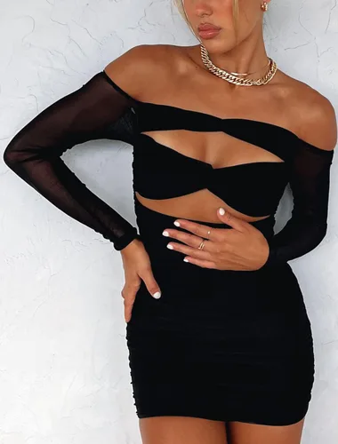 Vista 5 de Just Quella Vestido de malla de manga larga con hombros descubiertos para mujer