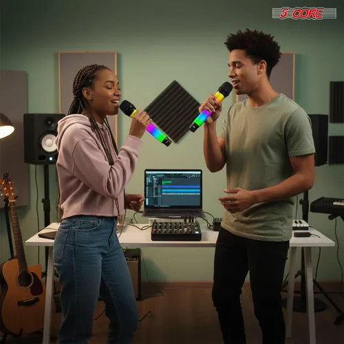 Vista 7 de 5 CORE Micrófonos inalámbricos, par de karaoke con luces LED brillantes, recargable, portátil, de largo alcance, micrófonos dinámicos de mano