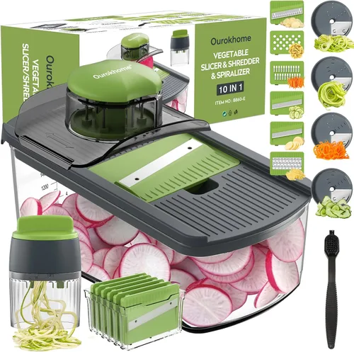 Vista 11 de Ourokhome Cortador de mandolina para cocina, rallador de verduras seguro para manos con 6 cuchillas de mandolina, cortador de gofres para papas