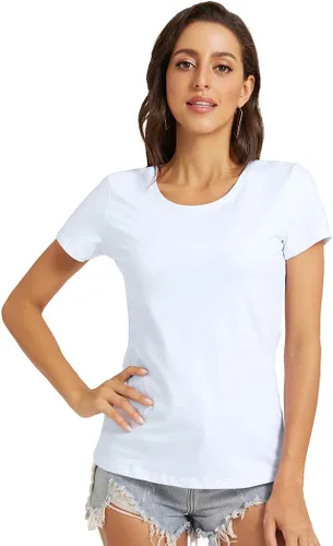 Vista 6 de Camiseta básica de media manga con cuello redondo para mujer, casual, color liso, de algodón