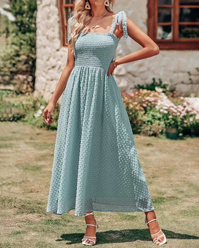 Vista 8 de PRETTYGARDEN Vestido largo casual de verano para mujer, estilo bohemio, con tirantes de corbata, cuello cuadrado, lunares suizos, color liso