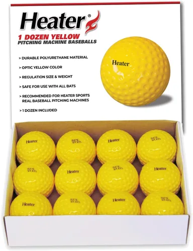 Vista 2 de Heater Yellow Dimpled Baseballs, 1 Dozen, Polyurethane Material, Optic Yellow Color, for Use in Real Baseball Pitching Machines