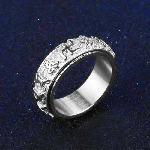 Vista 3 de Anillo de boda HZMAN de acero inoxidable, con mantra budista tibetano Om Mani Padme Hum, de 8MM