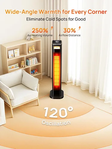 Vista 6 de Calentadores de espacio AKIRES para uso en interiores, calentador de habitación de 1500W para habitación grande con termostato, oscilación de 120°