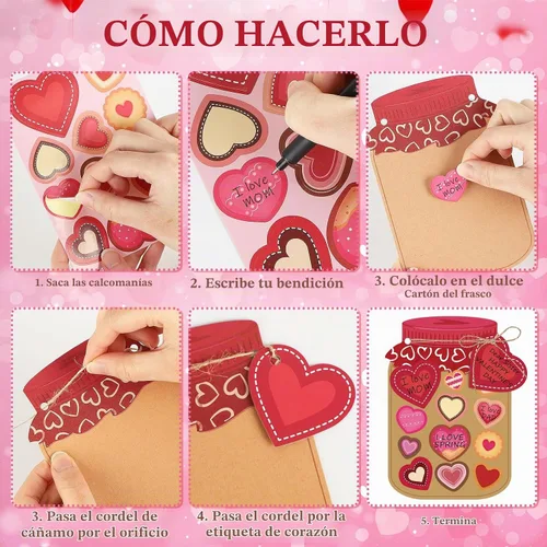 Vista 2 de Juego de 30 tarjetas de regalo para el día de San Valentín, tarro de San Valentín, kit de manualidades con calcomanías de corazón, haz tu propia