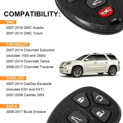 Vista 4 de Llavero de repuesto para GMC Acadia 2007-2016 Yukon XL/Chevy Suburban Tahoe Traverse/Cadillac Escalade SRX/Buick Enclave FCC ID: OUC60270, OUC60221