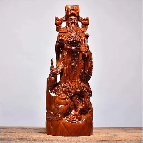 Vista 6 de Escultura de mesa luckxuan estatua decorativa Atraer riqueza Feng Shui, adorno de madera tallado Dios de la riqueza Estatua de Buda Decoración