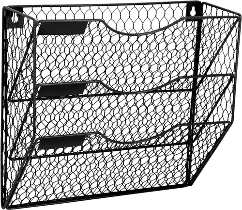 Vista 7 de EASEPRES Organizador de correo para colgar en la pared, soporte de archivo, estante de alambre de pollo de metal de 3 niveles, negro