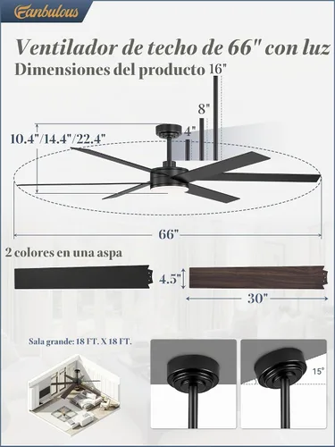 Vista 6 de Fanbulous Ventiladores de techo de 66 pulgadas con luces y control remoto, 6 aspas reversibles, regulable, 3000K-6000K ajustable, ventiladores