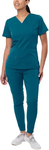 Vista 18 de Adar Pro Scrubs for Women Set - V-Neck & Jogger Cargo Pants, 7 Pockets Blanco