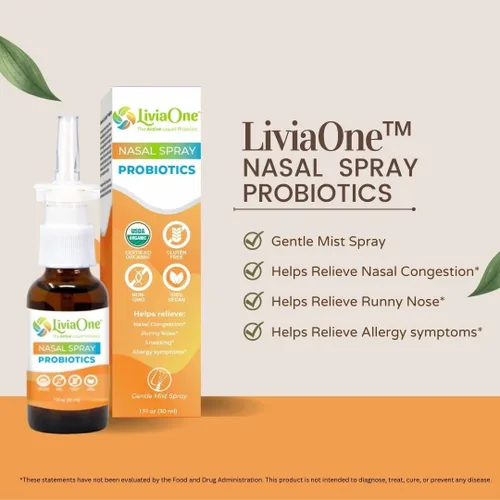 Vista 2 de LiviaOne Probióticos en aerosol nasal, alivio sinusal totalmente natural, ayuda con alergias, congestión nasal, secreción nasal y estornudos, 1 onza
