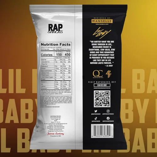 Vista 2 de Rap Snacks Lil Baby - Queso cheddar + papas fritas de crema agria, bolsas de 2.5 onzas, paquete de 6