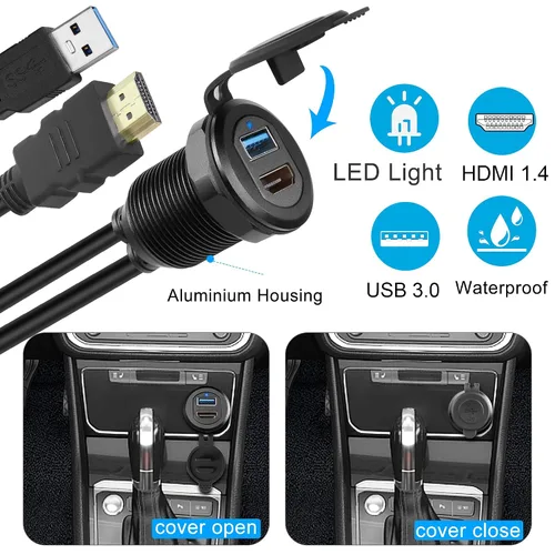 Vista 2 de QIANRENON USB3.0 y HDMI - Cable impermeable para automóvil, USB3.0+HDMI 1.4 roscado, cable de extensión de datos de montaje fijo, luz LED, carcasa