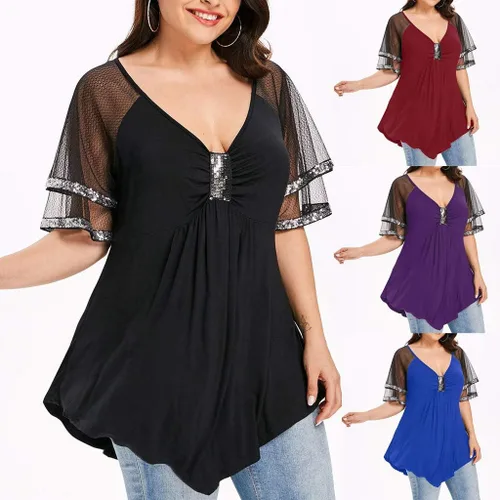 Vista 6 de VEZAD Store Blusa de manga 34 asimétrica con encaje floral liso para mujer, talla grande
