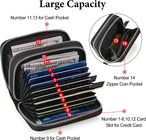 Vista 2 de KM Legend Cartera para mujer, delgada, con bloqueo RFID, tarjetero con ventana de identificación, monederos compactos con doble cremallera
