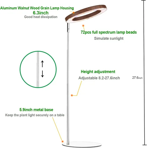 Vista 4 de yadoker 72 LEDs Luz de cultivo de plantas para plantas de interior, Luz de escritorio de aluminio con grano de madera de nogal LED, Altura