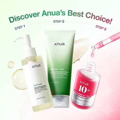 Vista 2 de Set de Principiante de 3 Pasos para Piel de Vidrio de ANUA, Doble Limpieza con Suero Facial, Limpiador en Aceite y Jabón Facial con Heartleaf