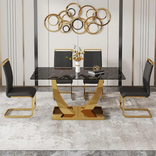 Vista 8 de Juego de mesa de comedor de 63 pulgadas para 4, juego de mesa de comedor dorado moderno para 4, juego de mesa de cocina de mármol sintético