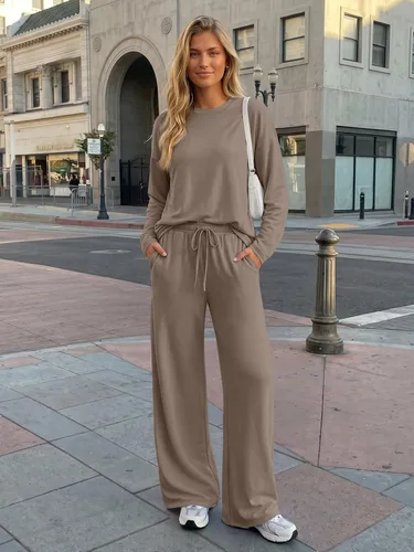 Vista 2 de Trendy Queen Conjunto de 2 piezas de otoño para mujer, tops de gran tamaño Caqui