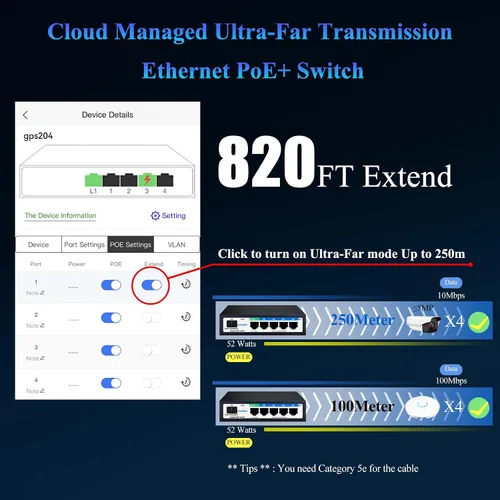 Vista 5 de Conmutador Poe, conmutador Gigabit PoE de 5 puertos (conmutador Gigabit de 4 puertos + 1 gigabit uplink+ 1 ranura SFP) Conmutador Gigabit Ethernet