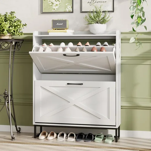 Vista 35 de Maupvit Gabinete de almacenamiento para zapatos con 2 cajones abatibles, organizador independiente con patas de metal para entrada, gabinete Beige