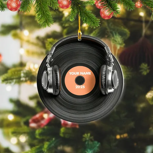Vista 4 de Adorno de Navidad personalizado, máquina de discos de vinilo, adorno plano 2D, adorno para tocadiscos, instrumento musical, decoración de árbol