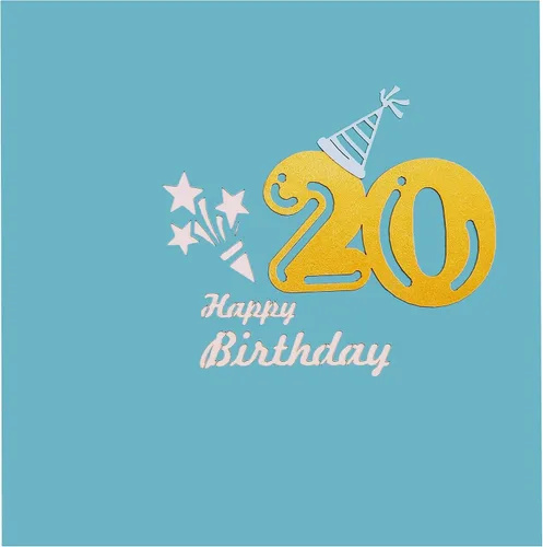 Vista 6 de iGifts And Cards Tarjeta desplegable 3D de 20 cumpleaños – Caja de fiesta azul de moda sorpresa con globos, regalos y vibraciones de celebración