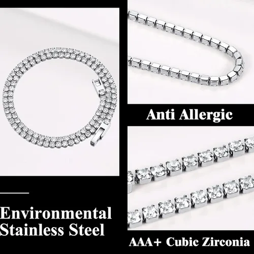 Vista 4 de Richsteel Collar de cadena de tenis de circonita cúbica transparente y negra de 0.118 in para mujeres y hombres, acero inoxidable de 1618 pulgadas