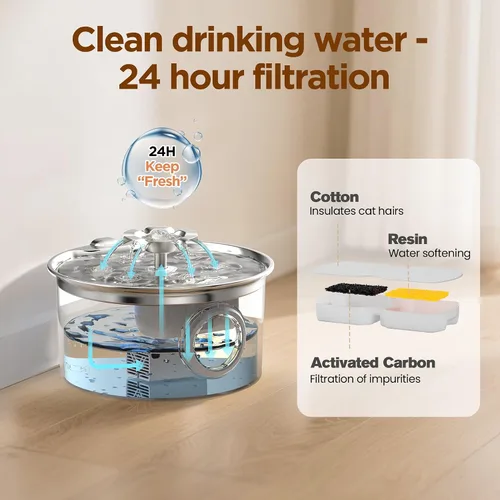 Vista 8 de Fuente de agua para gatos de acero inoxidable: fuente para mascotas ultra silenciosa de 88 oz/2.6 L con pico de gatito con flores y dispensador