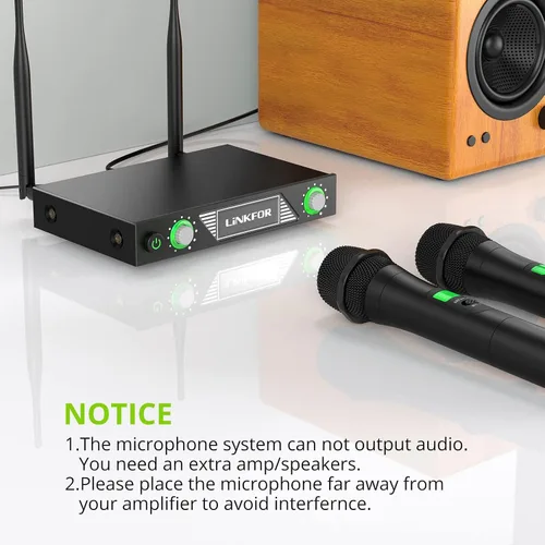 Vista 5 de LiNKFOR Micrófono inalámbrico, sistema de micrófono de karaoke inalámbrico UHF, micrófono inalámbrico dual profesional de 196 pies, rango