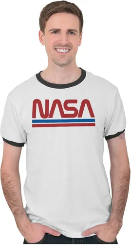 Vista 4 de Retro Classic Space NASA Worm Logo Ringer T Shirt Hombres Mujeres