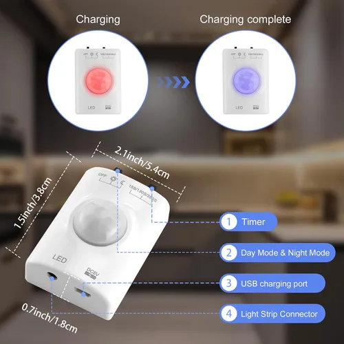 Vista 7 de LUXJET - Luz recargable con sensor de movimiento para armario, tira LED flexible de 1 m con 30 luces LED, sensor PIR y de luz, luz nocturna blanca