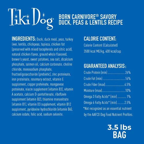 Vista 3 de Tiki Dog Born - Carnívoro para perros, receta de pato, guisantes y lentejas, croqueta horneada sin granos para una máxima nutrición, para perros