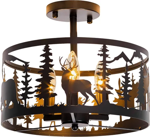 Vista 11 de Accesorio de Lámpara de Techo Rústica de Granja de Montaje Semi-Empotrado, 3 Luces Base E12 Accesorios de Luz de Metal Redondo Negro para Cocina