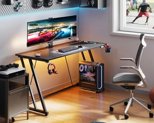 Vista 7 de MOTPK Escritorio para juegos de 55 pulgadas con luces LED y toma de corriente, escritorio de computadora para espacios pequeños, mesa