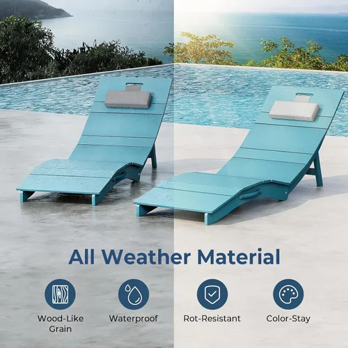 Vista 3 de Juego de 4 sillas de piscina para exteriores, resistentes a la intemperie, sillas de bronceado plegables con reposacabezas, soporta hasta 400 Azul